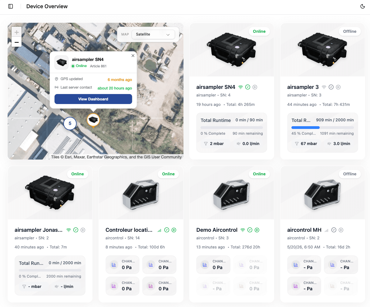 Device overview screenshot with map and device cards